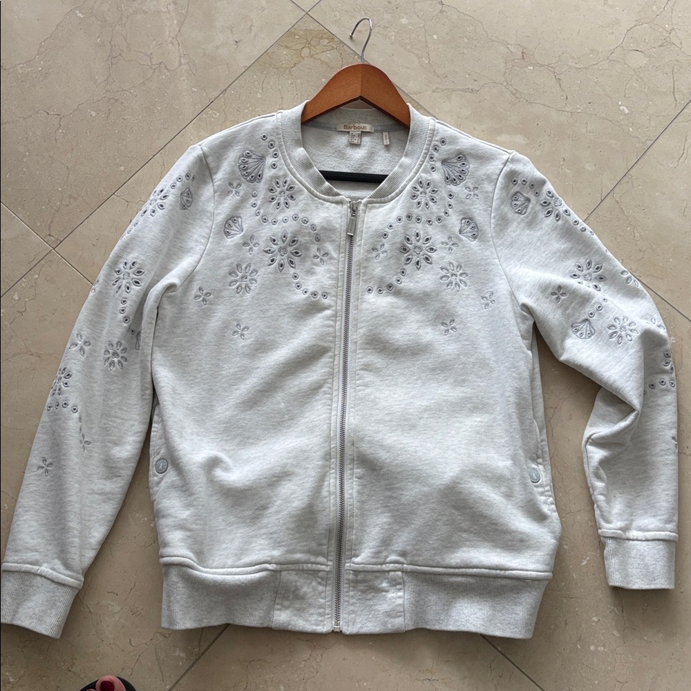 Barbour Gray Zip-Up Hoodie with Floral Embroidery
